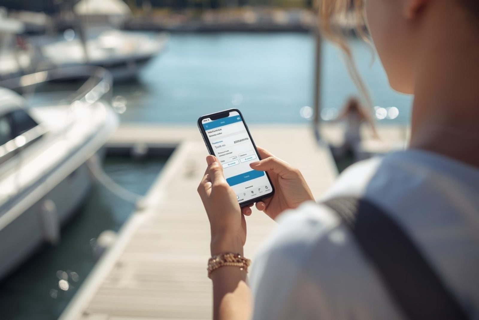 Boat customer viewing online booking confirmation on smartphone at marina dock