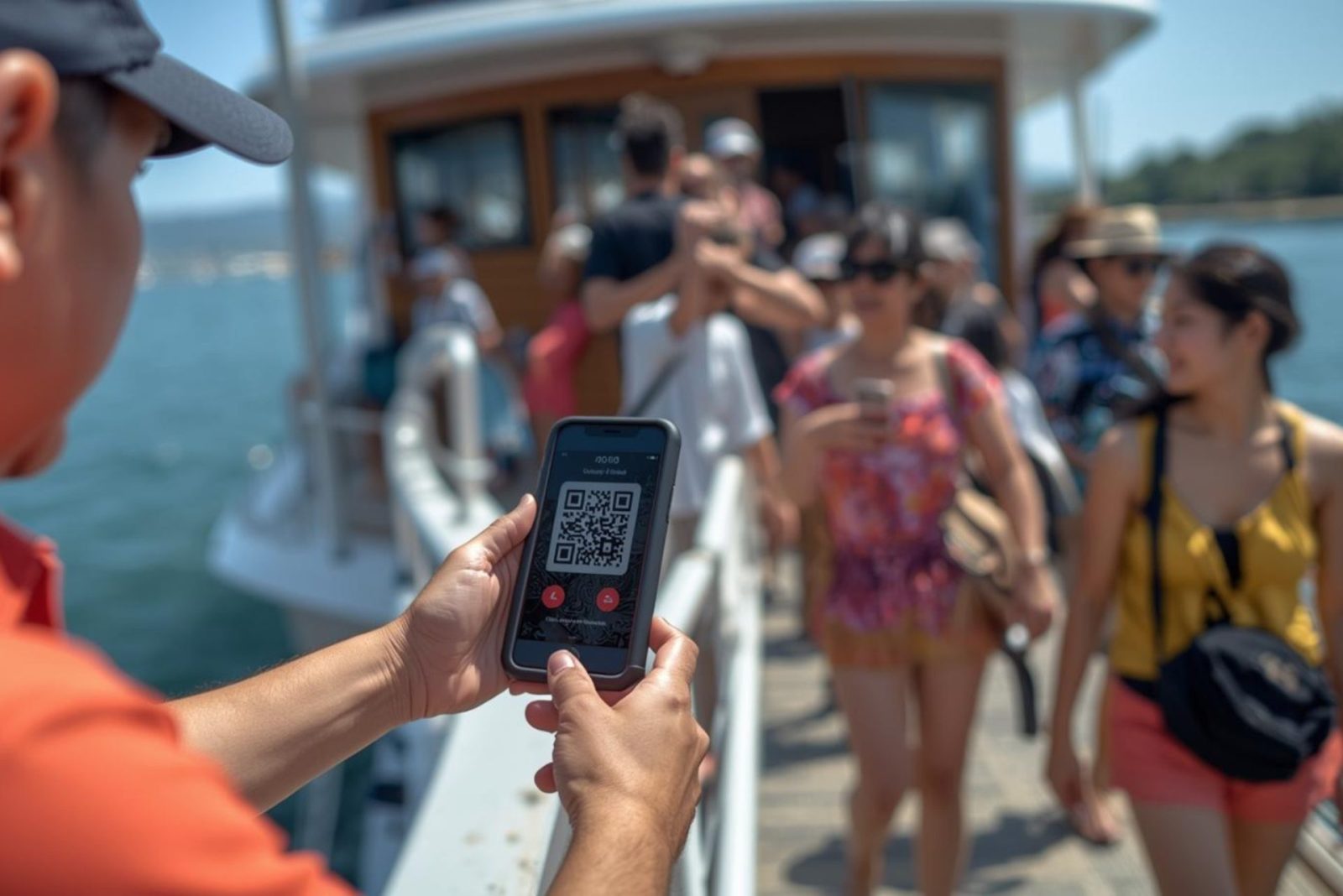 Dock crew scanning QR code ticket on customer's phone before boat tour departure
