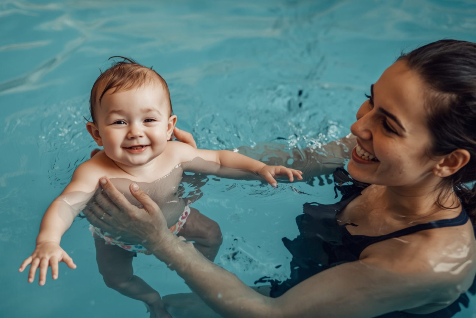 Baby swimming lesson with infant and parent in a heated pool with instructor