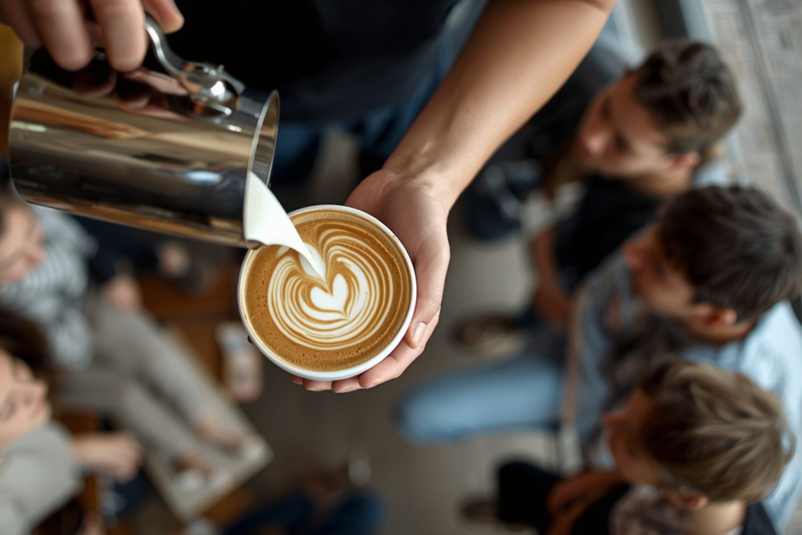 Latte art class with barista demonstrating milk pouring technique for rosetta design