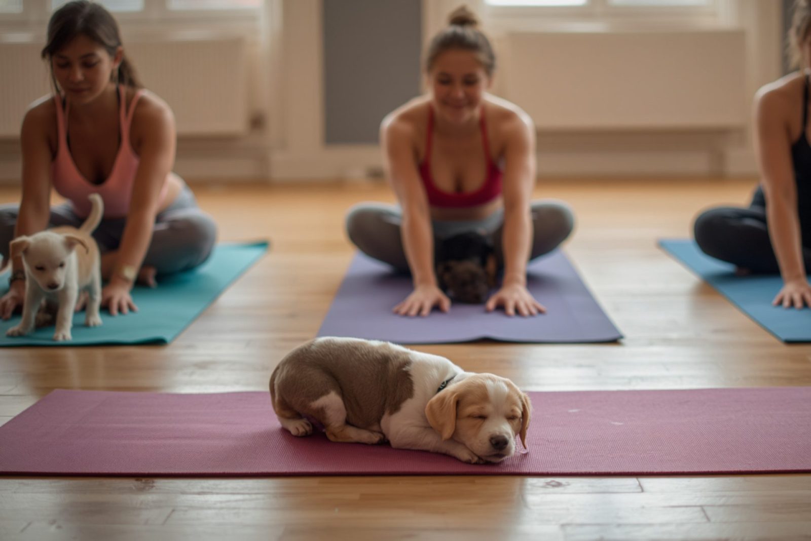 Puppy yoga class with participants doing yoga poses surrounded by playful puppies